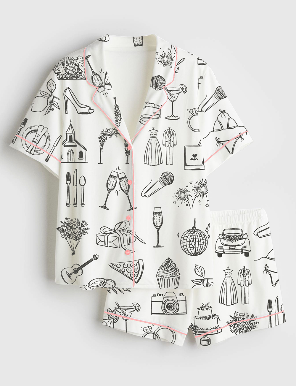 Womenâ€™s Hand Drawn Wedding Timeline Line Art Print Short Sleeve Satin Pajama Set