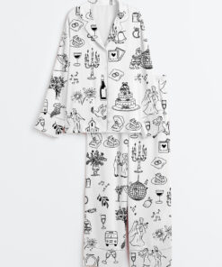Women's Hand Drawn Wedding Timeline Wedding Icons Champagne Print Long Sleeve Satin Pajama Set
