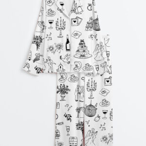 Women's Hand Drawn Wedding Timeline Wedding Icons Champagne Print Long Sleeve Satin Pajamas Set
