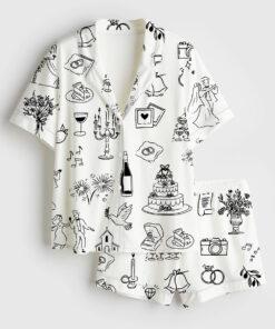 Women's Hand Drawn Wedding Timeline Wedding Icons Champagne Print Short Sleeve Satin Pajama Set