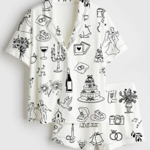 Womenâ€™s Hand Drawn Wedding Timeline Wedding Icons Champagne Print Short Sleeve Satin Pajama Set