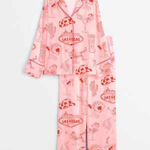 Womenâ€™s Hand Drawn Western Disco Cowgirl Boots Texas Las Vegas Bachelorette Party Print Long Sleeve Satin Pajama Set