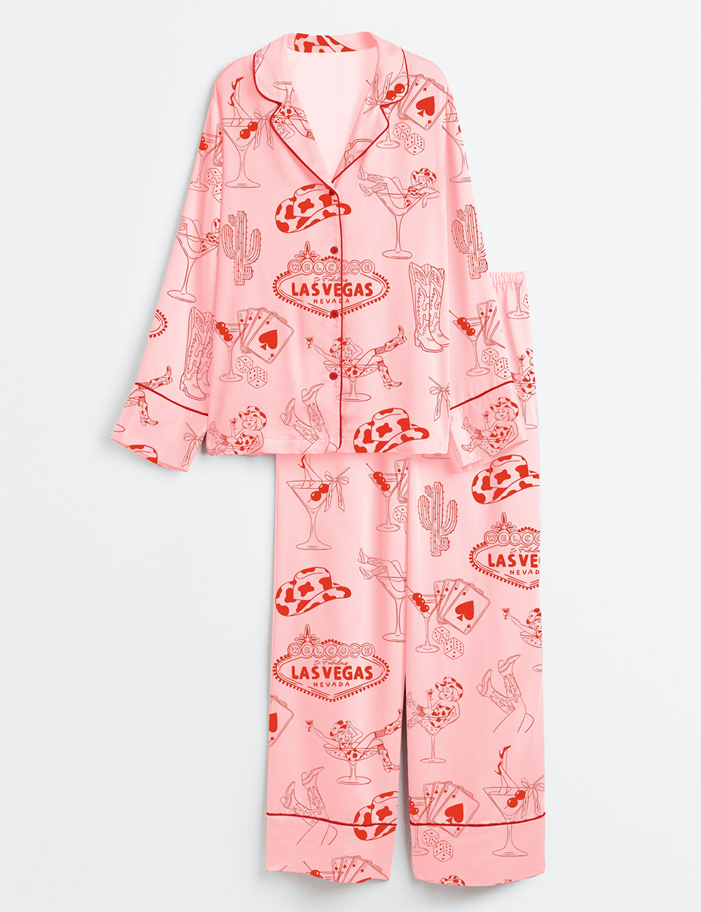 Womenâ€™s Hand Drawn Western Disco Cowgirl Boots Texas Las Vegas Bachelorette Party Print Long Sleeve Satin Pajama Set