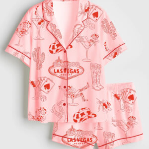 Womenâ€™s Hand Drawn Western Disco Cowgirl Boots Texas Las Vegas Bachelorette Party Print Short Sleeve Satin Pajama Set