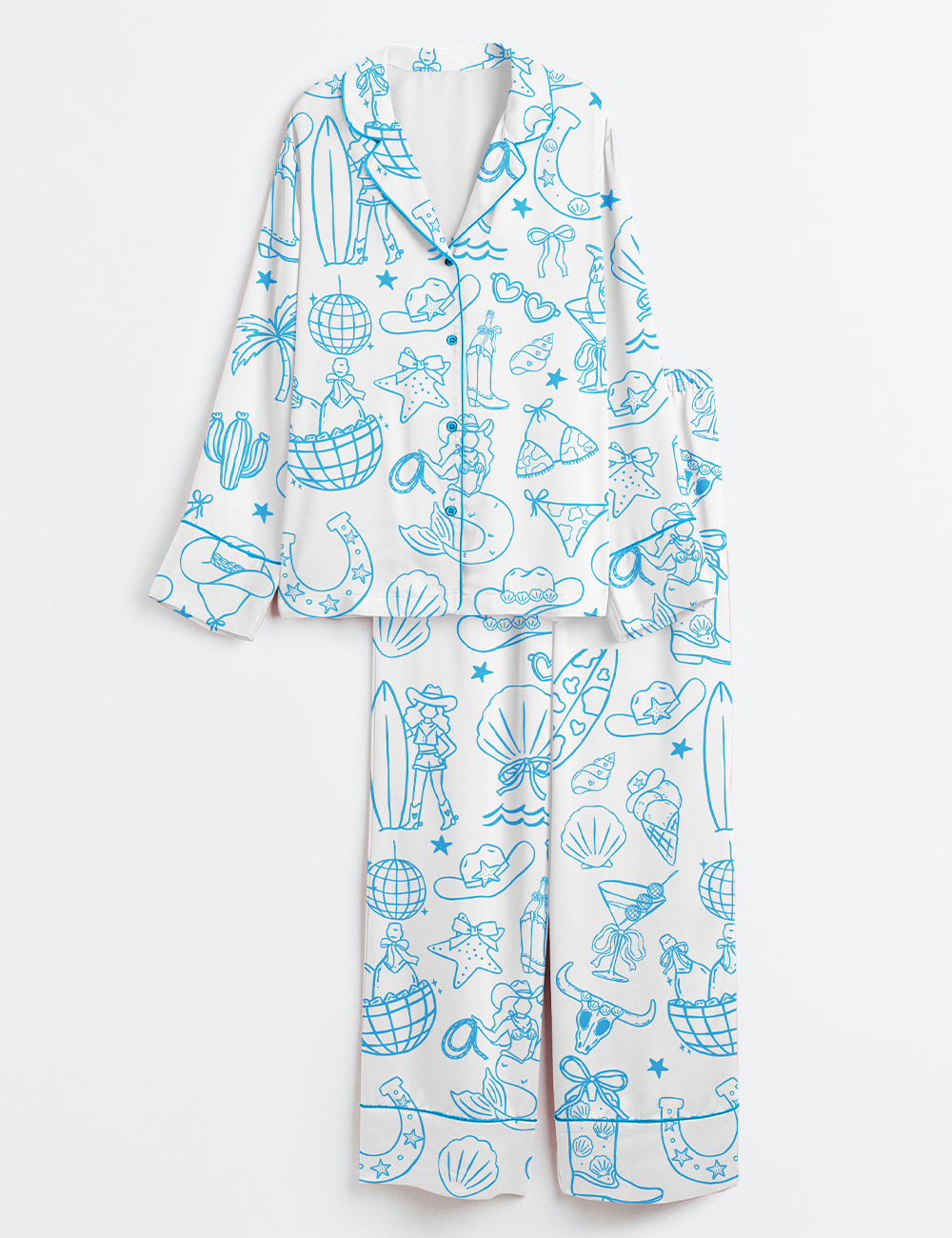 Womenâ€™s Hand Drawn Whimsical Coastal Beach Cowgirl Western Cowgirl Print Long Sleeve Satin Pajama Set