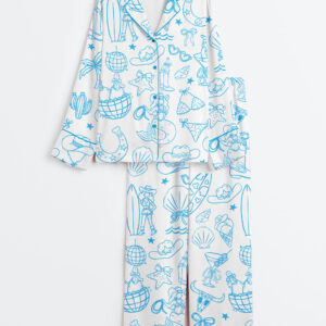 Women's Hand Drawn Whimsical Coastal Beach Cowgirl Western Cowgirl Print Long Sleeve Satin Pajamas Set