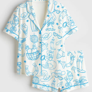 Womenâ€™s Hand Drawn Whimsical Coastal Beach Cowgirl Western Cowgirl Print Short Sleeve Satin Pajama Set