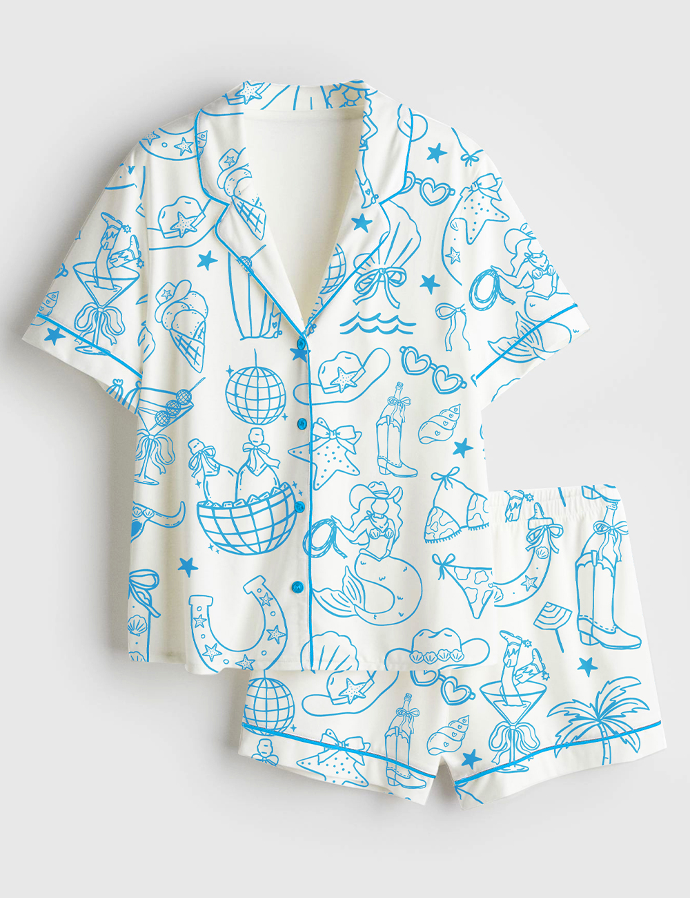 Womenâ€™s Hand Drawn Whimsical Coastal Beach Cowgirl Western Cowgirl Print Short Sleeve Satin Pajama Set