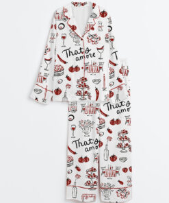 Women's Hand Drawn Whimsical Illustrations Of Italian Food Italian Wedding Print Long Sleeve Satin Pajama Set