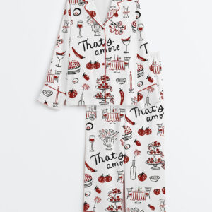 Womenâ€™s Hand Drawn Whimsical Illustrations Of Italian Food Italian Wedding Print Long Sleeve Satin Pajama Set