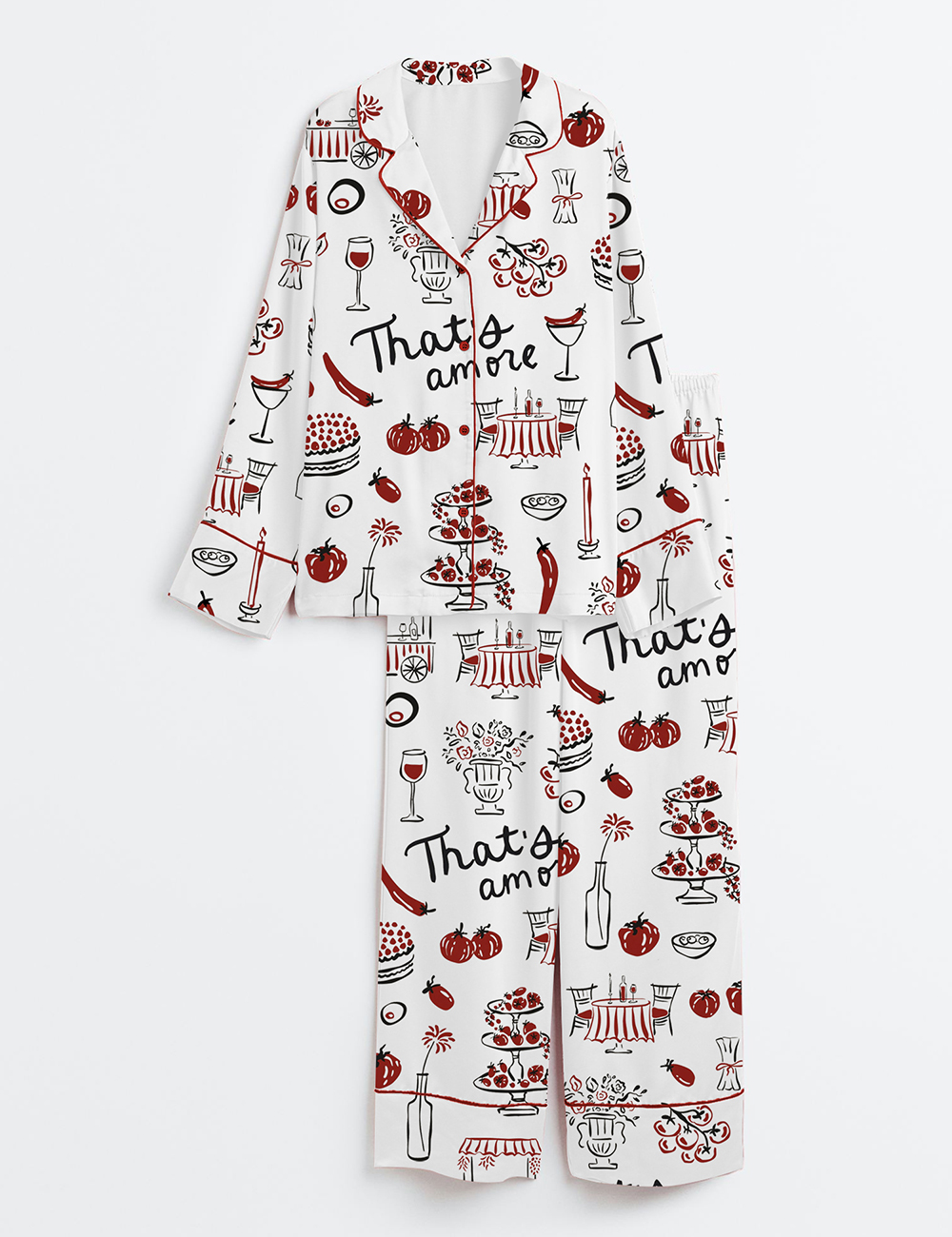 Women's Hand Drawn Whimsical Illustrations Of Italian Food Italian Wedding Print Long Sleeve Satin Pajama Set