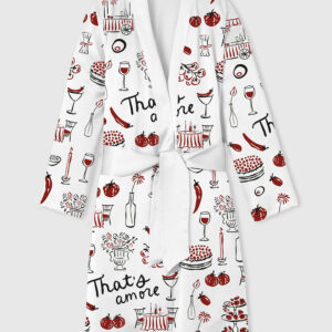 Womenâ€™s Hand Drawn Whimsical Illustrations Of Italian Food Italian Wedding Print Satin Bathrobe