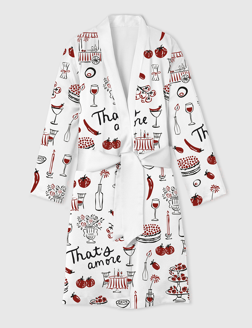 Womenâ€™s Hand Drawn Whimsical Illustrations Of Italian Food Italian Wedding Print Satin Bathrobe