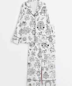 Women's Hand Drawn Whimsical Wedding Illustrations Long Sleeve Satin Pajama Set