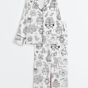 Womenâ€™s Hand Drawn Whimsical Wedding Illustrations Long Sleeve Satin Pajama Set