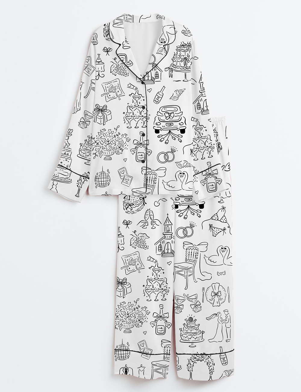 Womenâ€™s Hand Drawn Whimsical Wedding Illustrations Long Sleeve Satin Pajama Set