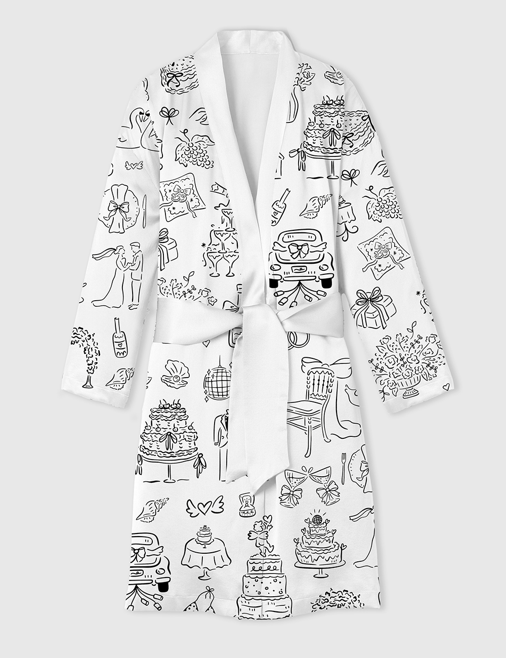 Womenâ€™s Hand Drawn Whimsical Wedding Illustrations Satin Bathrobe