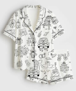 Women's Hand Drawn Whimsical Wedding Illustrations Short Sleeve Satin Pajama Set