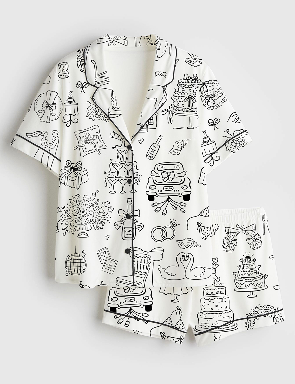 Womenâ€™s Hand Drawn Whimsical Wedding Illustrations Short Sleeve Satin Pajama Set