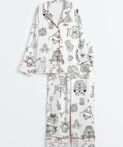 Women's Hand Drawn Whimsical Wedding Print Long Sleeve Satin Pajama Set