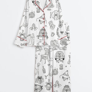 Womenâ€™s Hand Drawn Whimsical Wedding Print Long Sleeve Satin Pajama Set