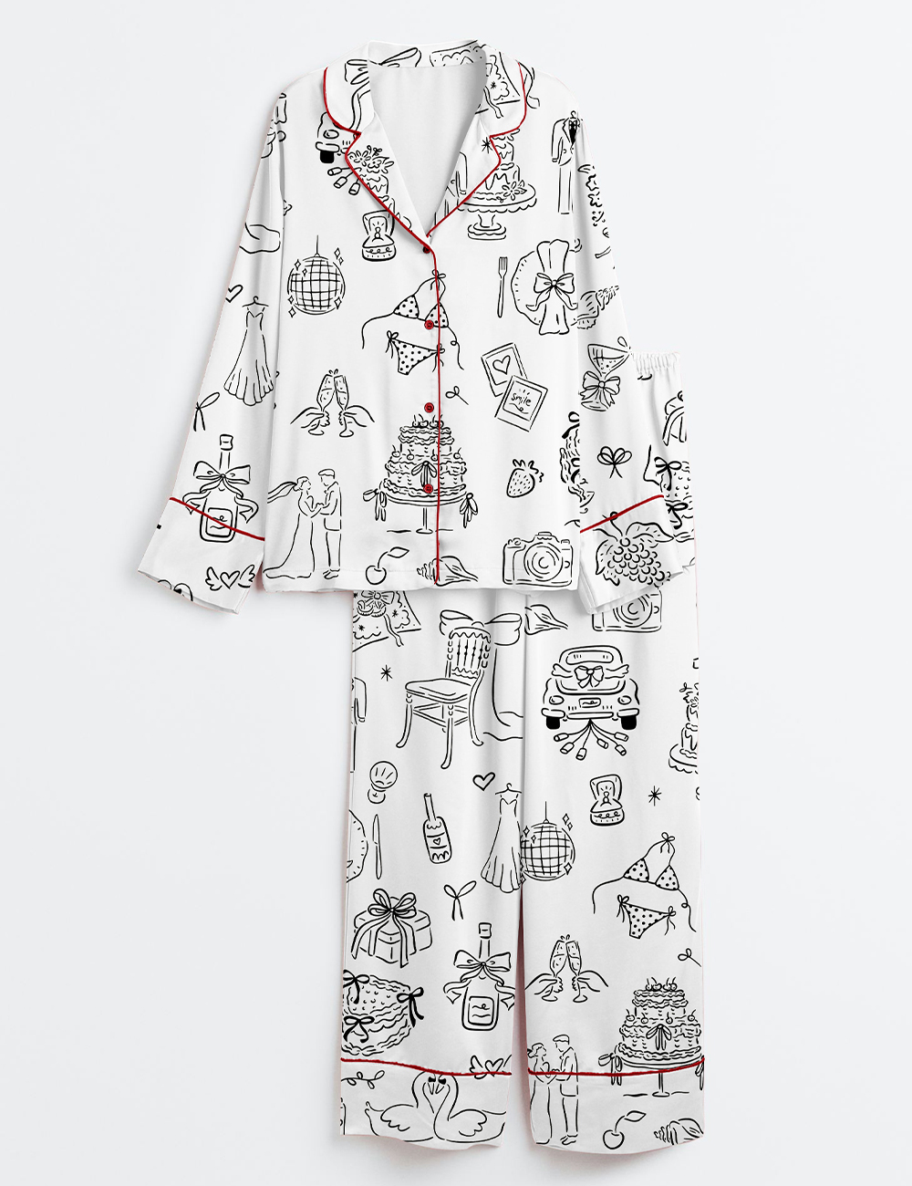 Womenâ€™s Hand Drawn Whimsical Wedding Print Long Sleeve Satin Pajama Set