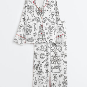 Womenâ€™s Hand Drawn Whimsical Wedding Print Long Sleeve Satin Pajama Set