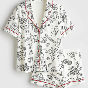 Womenâ€™s Hand Drawn Whimsical Wedding Print Short Sleeve Satin Pajama Set