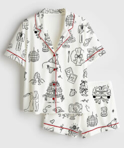 Women's Hand Drawn Whimsical Wedding Print Short Sleeve Satin Pajama Set