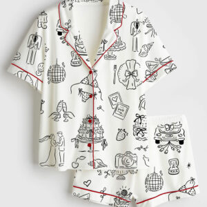 Womenâ€™s Hand Drawn Whimsical Wedding Print Short Sleeve Satin Pajama Set