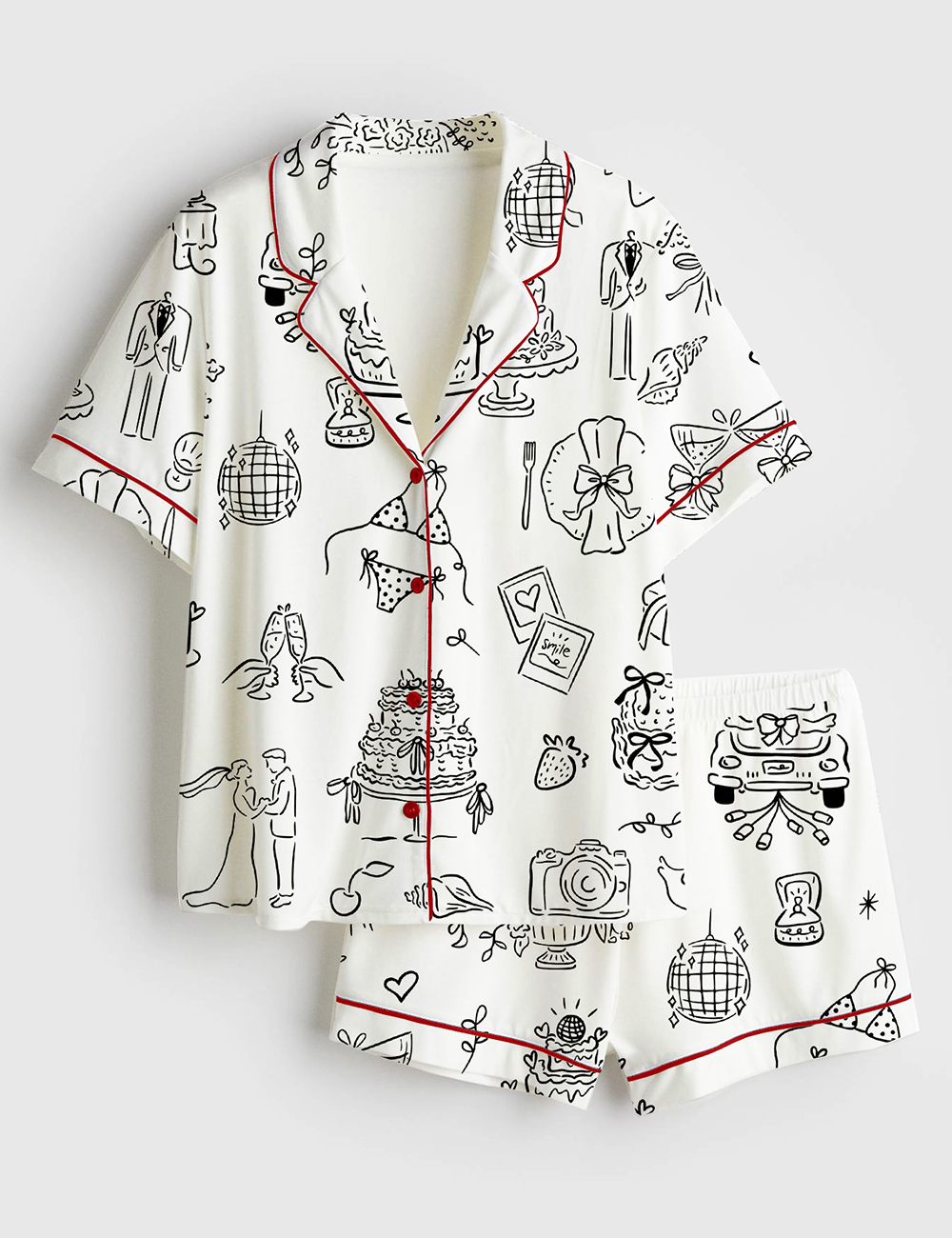 Womenâ€™s Hand Drawn Whimsical Wedding Print Short Sleeve Satin Pajama Set