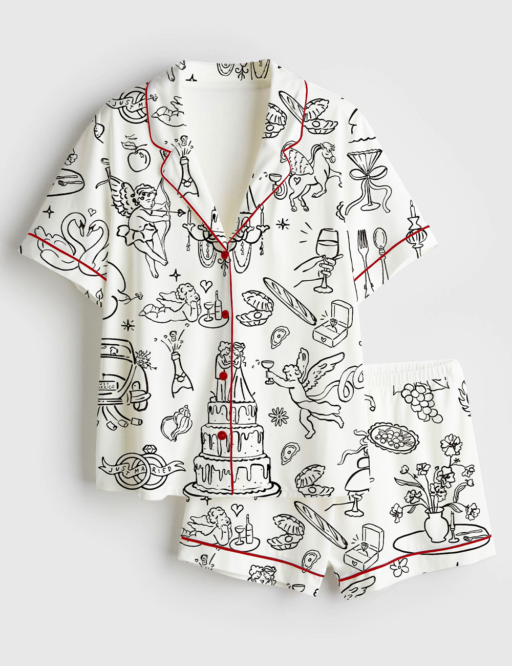 Women's Hand Drawn Whimsical Wedding Print Short Sleeve Satin Pajamas Set