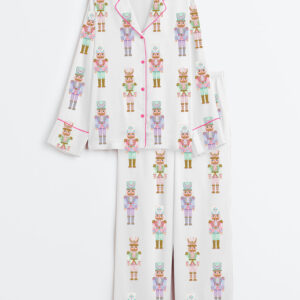 Women's Hand Painted Nutcrackers Merry Christmas Holiday Long Sleeve Silky Satin Pajamas Set