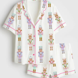 Womenâ€™s Hand Painted Nutcrackers Merry Christmas Holiday Short Sleeve Silky Satin Pajama Set
