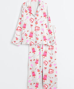 Women's Happy Birthday Cake Long Sleeve Satin Pajama Set