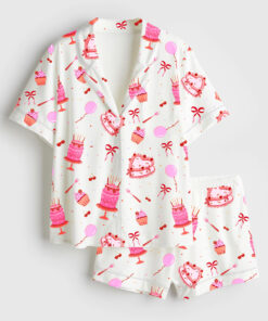 Women's Happy Birthday Cake Short Sleeve Satin Pajama Set