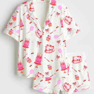 Womenâ€™s Happy Birthday Cake Short Sleeve Satin Pajama Set