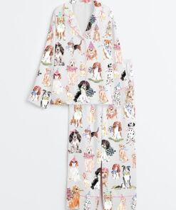 Women's Happy Dog Flower Dog Coquette Dog Long Sleeve Satin Pajama Set