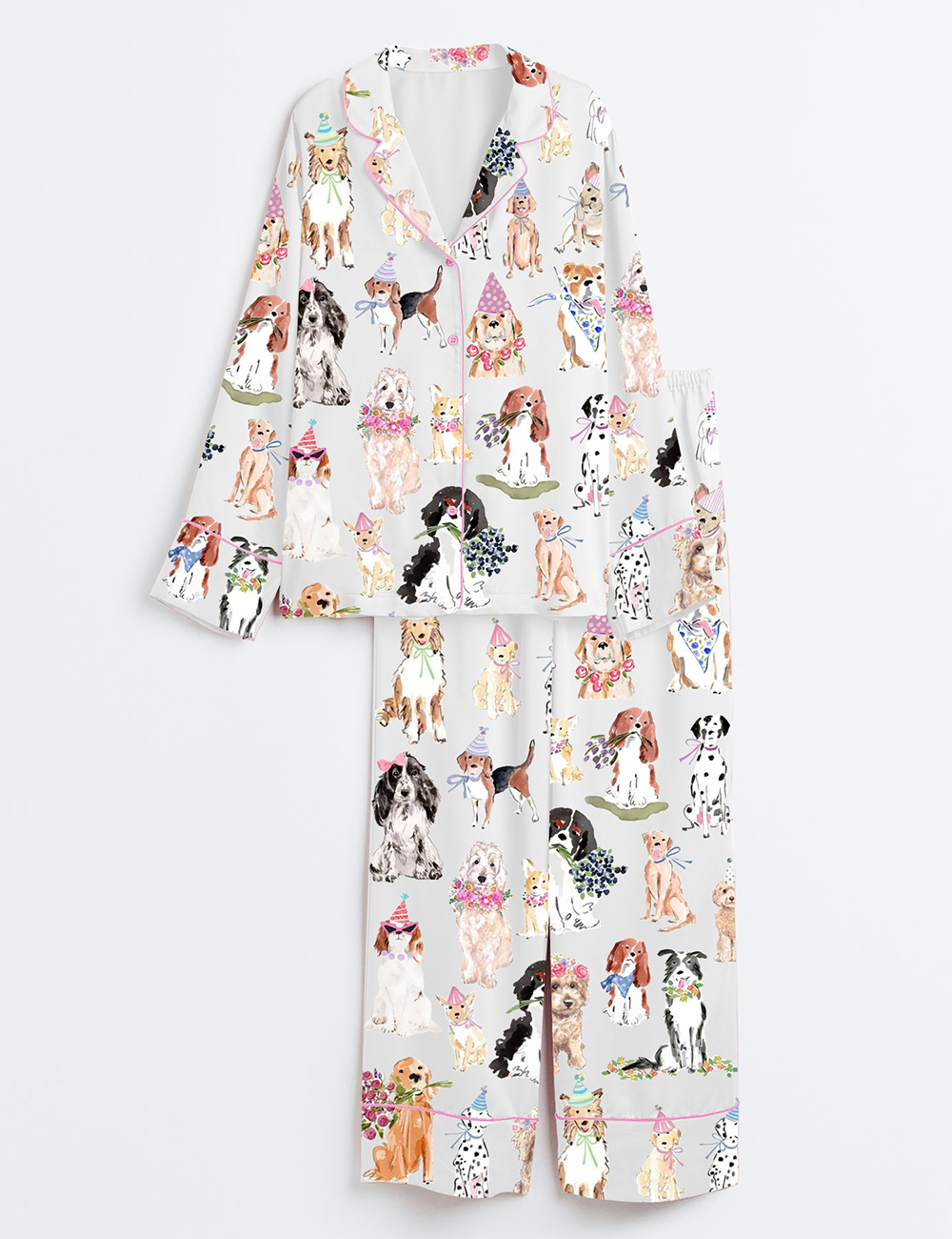 Womenâ€™s Happy Dog Flower Dog Coquette Dog Long Sleeve Satin Pajama Set