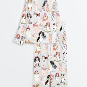 Women's Happy Dog Flower Dog Coquette Dog Long Sleeve Satin Pajamas Set