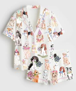 Women's Happy Dog Flower Dog Coquette Dog Short Sleeve Satin Pajama Set