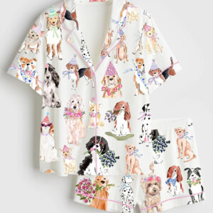 Womenâ€™s Happy Dog Flower Dog Coquette Dog Short Sleeve Satin Pajama Set