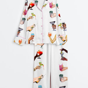 Womenâ€™s Happy Drink Martini Champagne Cocktails Together Long Sleeve Satin Pajama Set