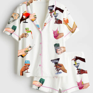 Womenâ€™s Happy Drink Martini Champagne Cocktails Together Short Sleeve Satin Pajama Set