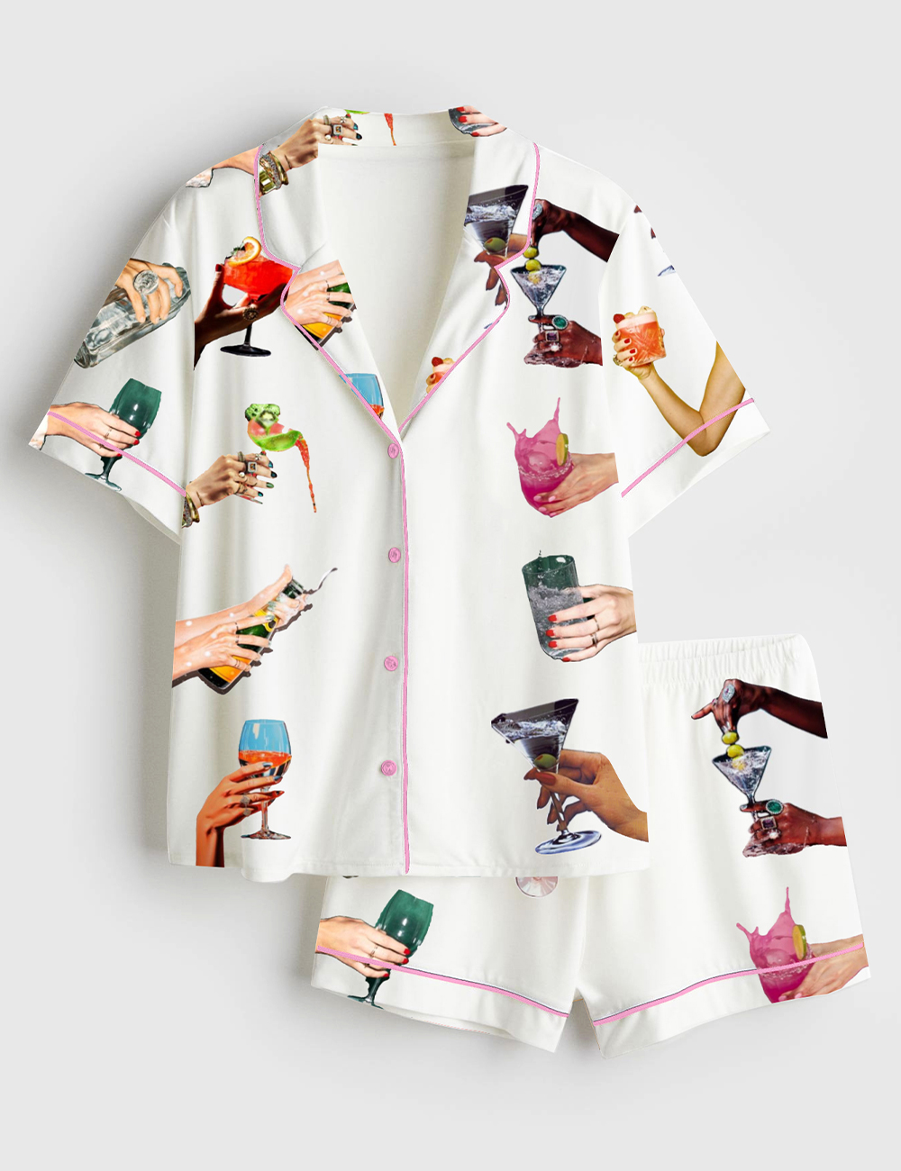 Womenâ€™s Happy Drink Martini Champagne Cocktails Together Short Sleeve Satin Pajama Set