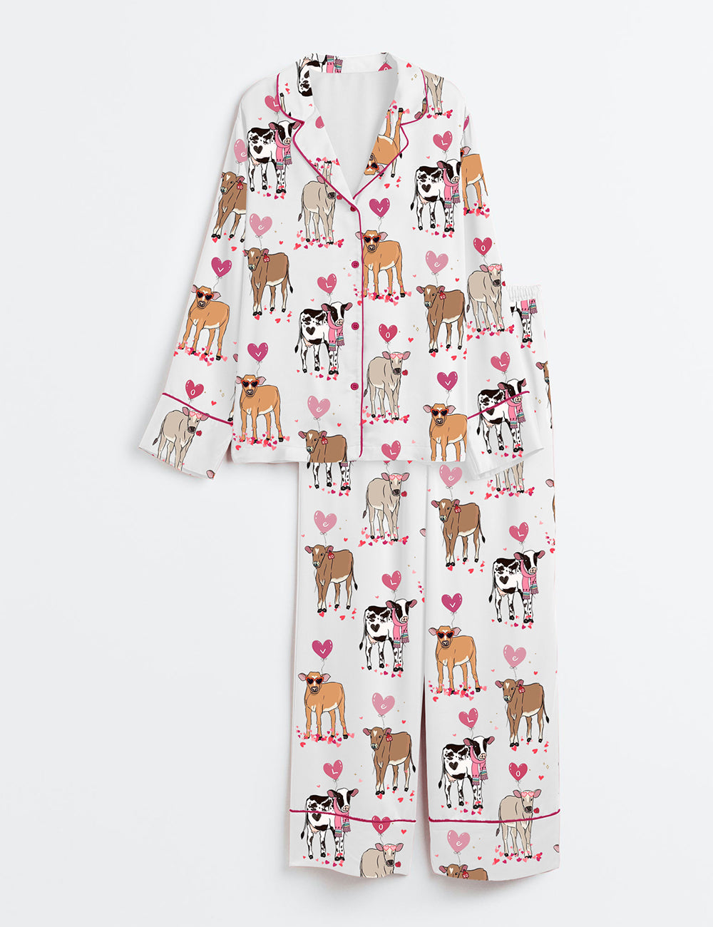 Women's Highland Cow Western Valentines Day Long Sleeve Satin Pajama Set