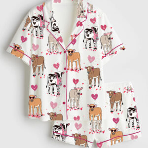 Women's Highland Cow Western Valentines Day Short Sleeve Satin Pajama Set