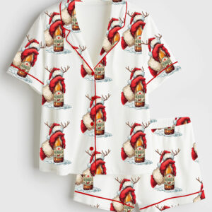 Womenâ€™s Ho Ho Hold My Beer Christmas Short Sleeve Satin Pajama Set