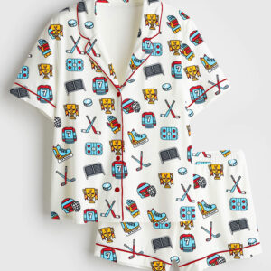 Women's Hockey Mom Watercolor Ice Hockey Short Sleeve Satin Pajama Set