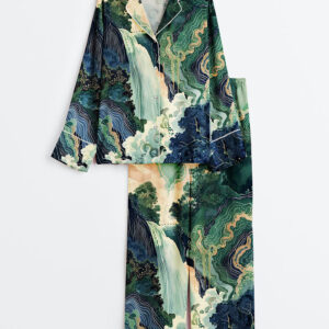 Women's Hokusai Ukiyo-e Japanese Waterfall Long Sleeve Satin Pajama Set